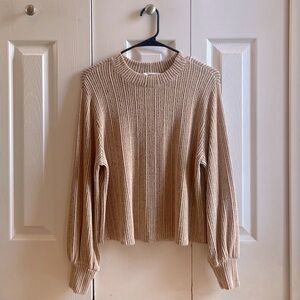 LUSH: Beige Ribbed Crew Neck Sweater